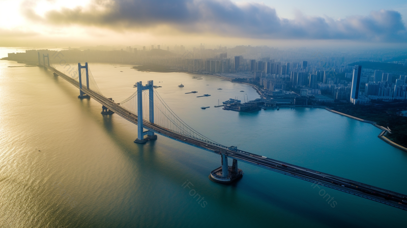 海上日出景观大桥建筑贯穿城市航拍摄影图,高清,摄影图,摄影图片,图片大全,摄影图免费下载
